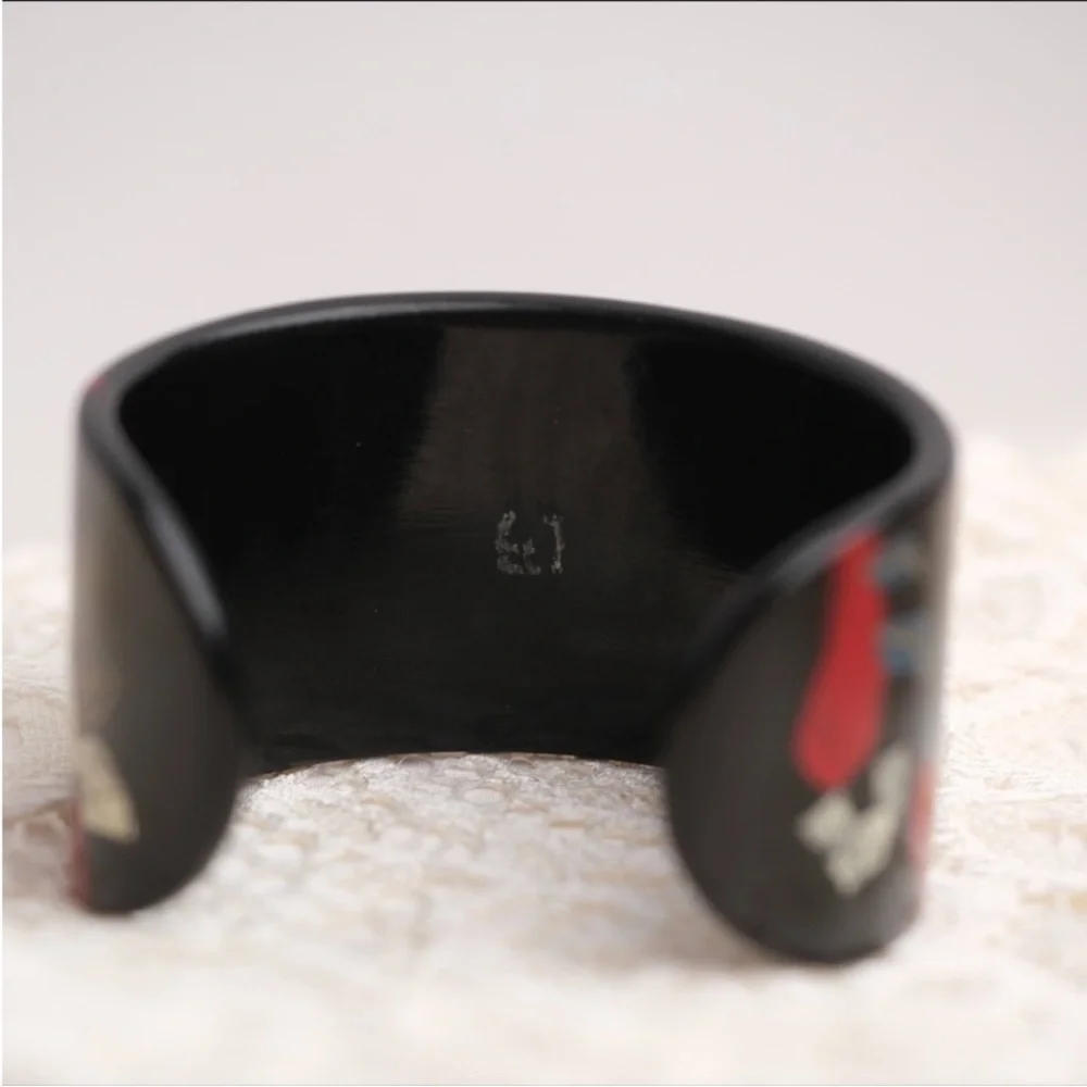 Black Wide Cuff Bracelet Abstract Inlay Modern Statement Bracelet